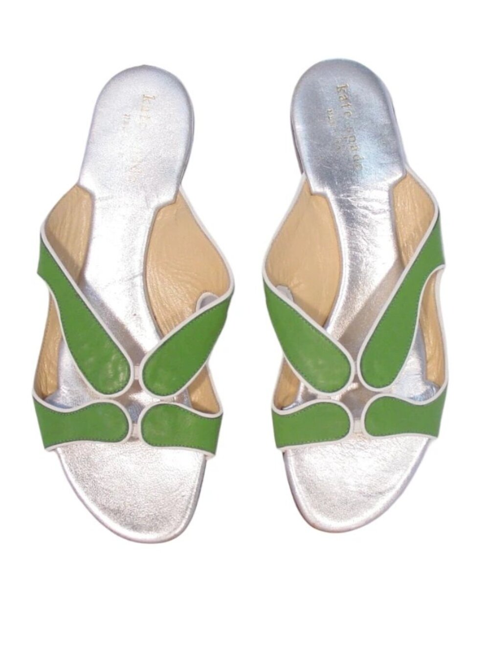 KATE SPADE Leaf Green All Leather Strappy Flat Slide Sandals 7 - Made in ITALY